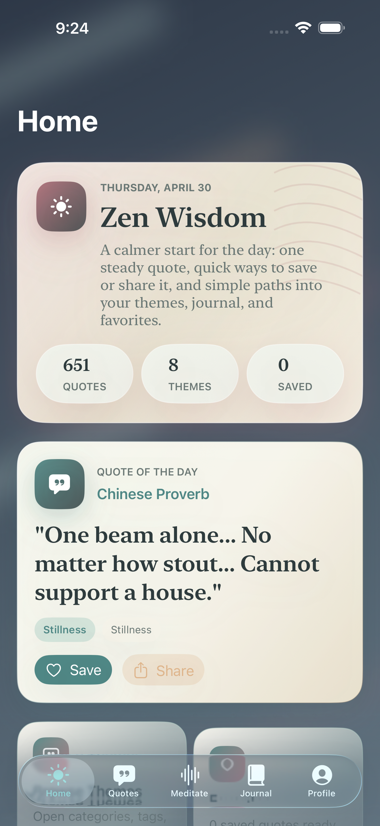 Zen Wisdom iPhone home screen with a quote of the day, quick actions, and reflection prompt.
