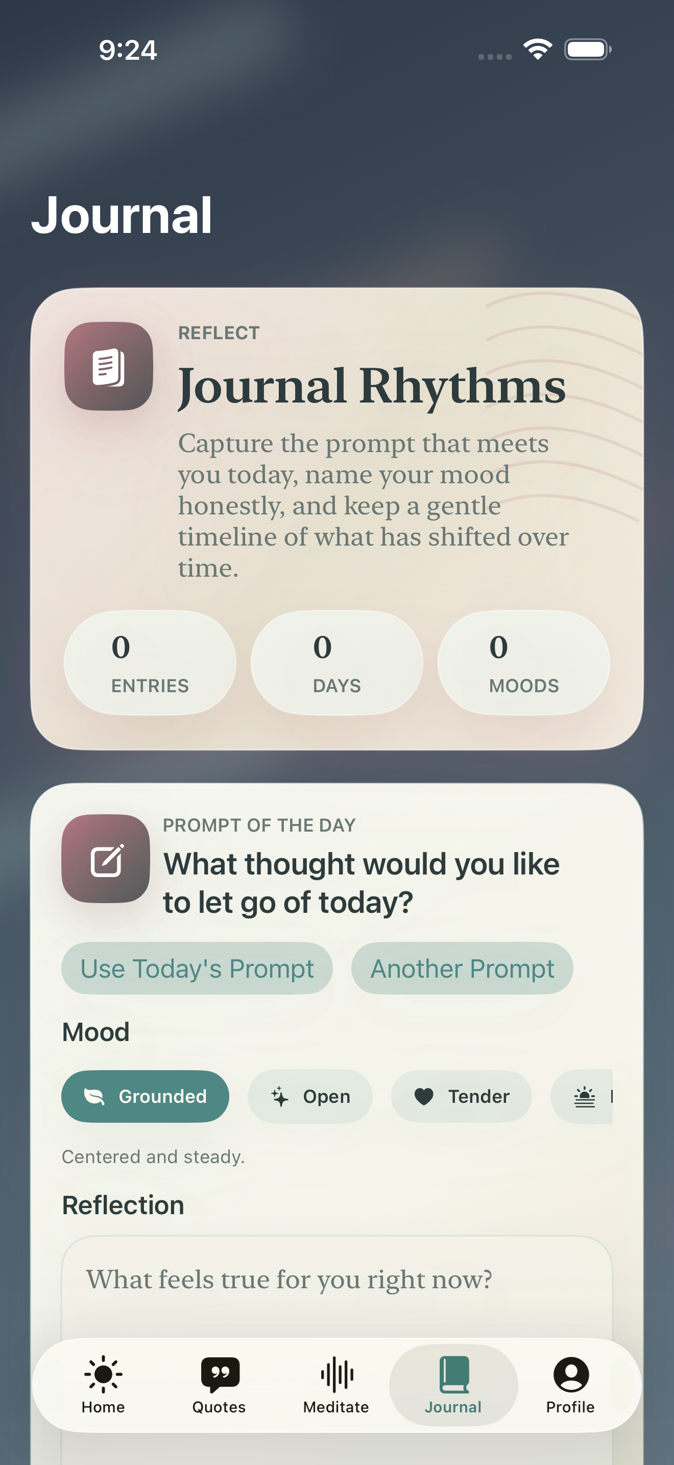Zen Wisdom journal screen with a prompt, mood selection, and a reflection editor.