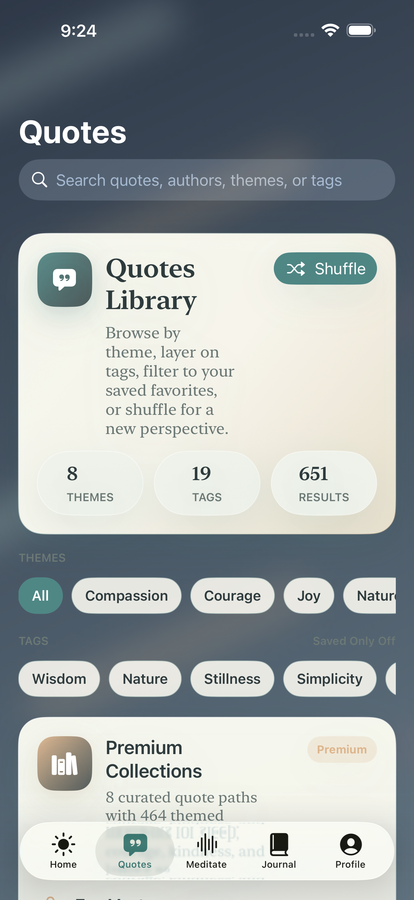 Zen Wisdom quotes library with themed categories, tags, and a spotlight quote.