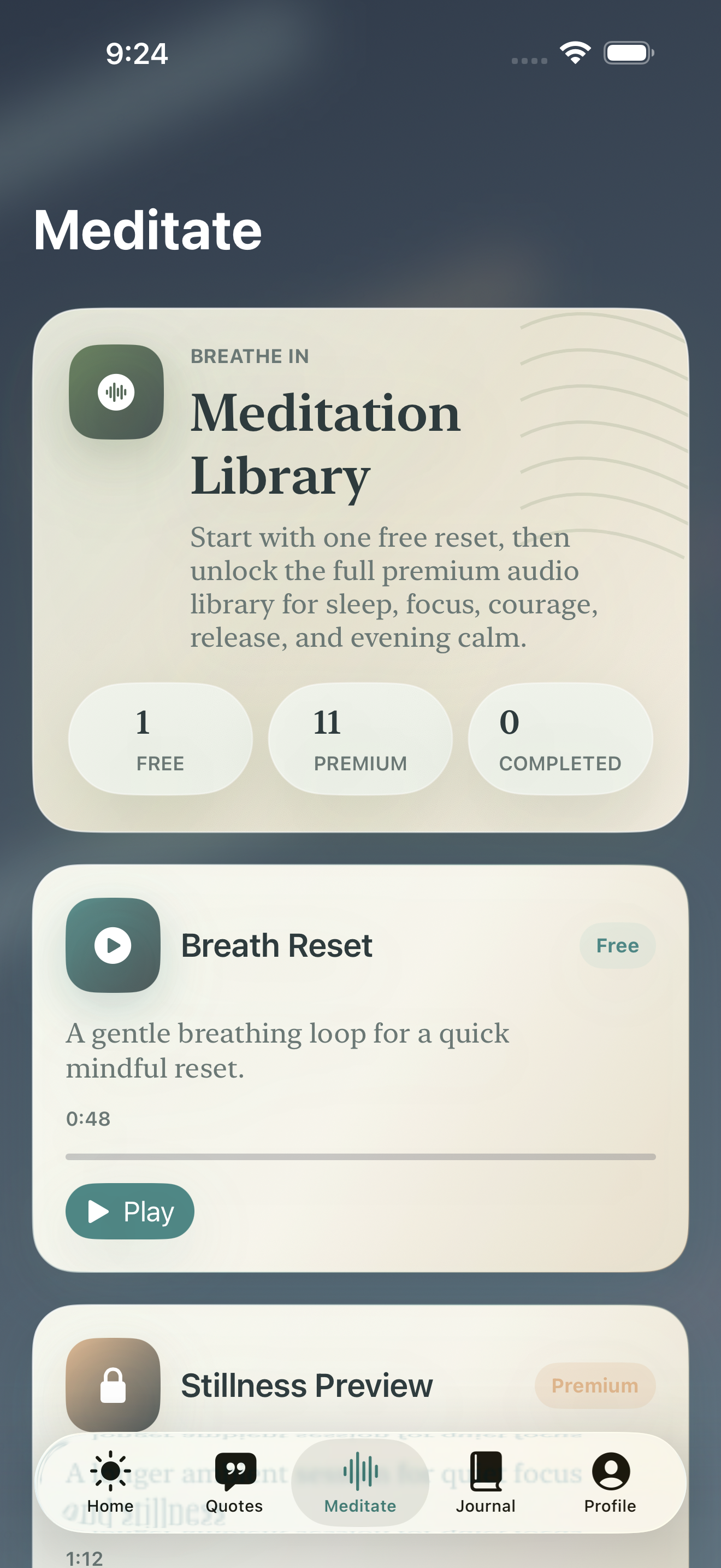 Zen Wisdom meditation screen showing guided sessions, a free track, and premium-ready session state.