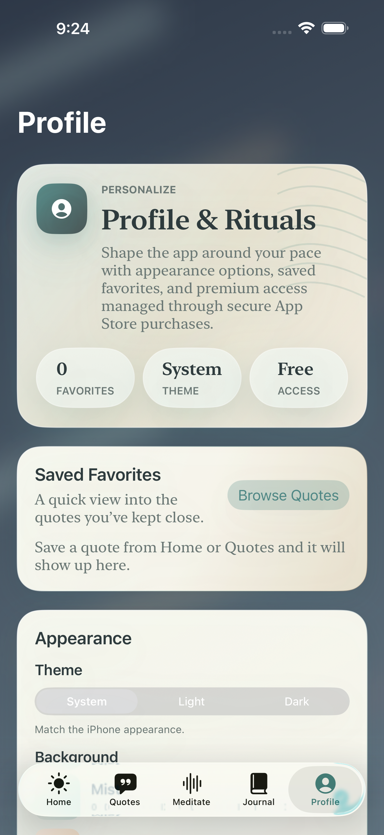 Zen Wisdom profile screen showing saved favorites, appearance settings, and membership context.
